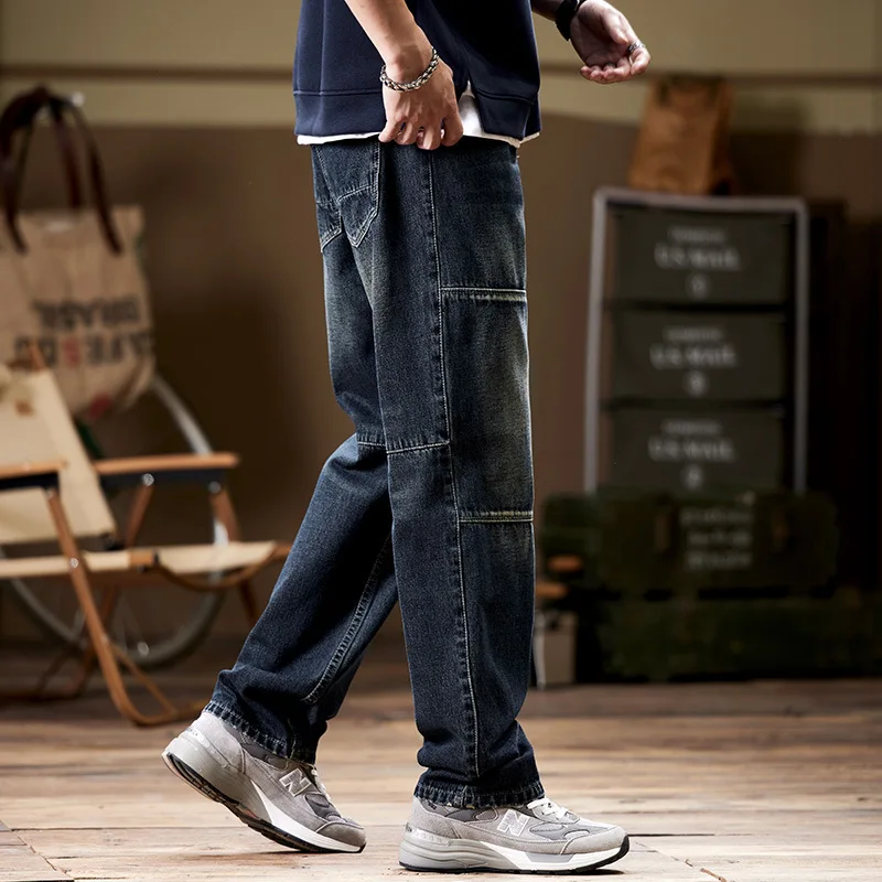 Vintage Multi-Pocket Straight Leg Cargo Jeans Men's Loose Plus Size Japanese Denim Trousers Autumn Winter