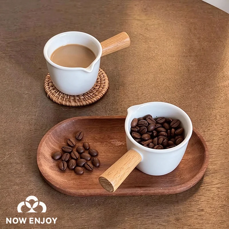 NOW ENJOY Mini 100ML Ceramic Milk Cup With Wooden Handle Milk Pitcher Milk Pot Steak Sauce Cup Concentrated Coffee Cup