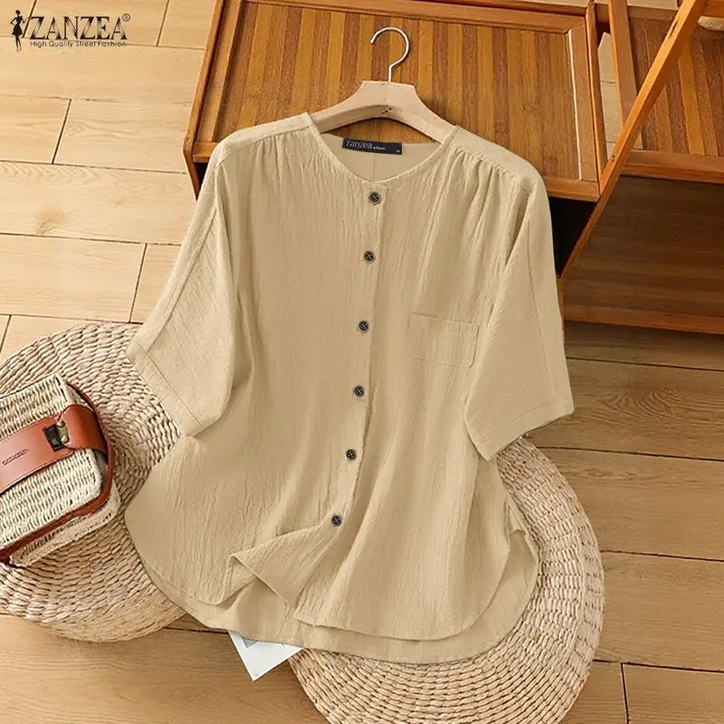 

Летние женские повседневные хлопковые льняные рубашки с круглым вырезом и короткими рукавами, однотонные блузки на пуговицах ZANZEA, тонкие женские рубашки на каждый день.