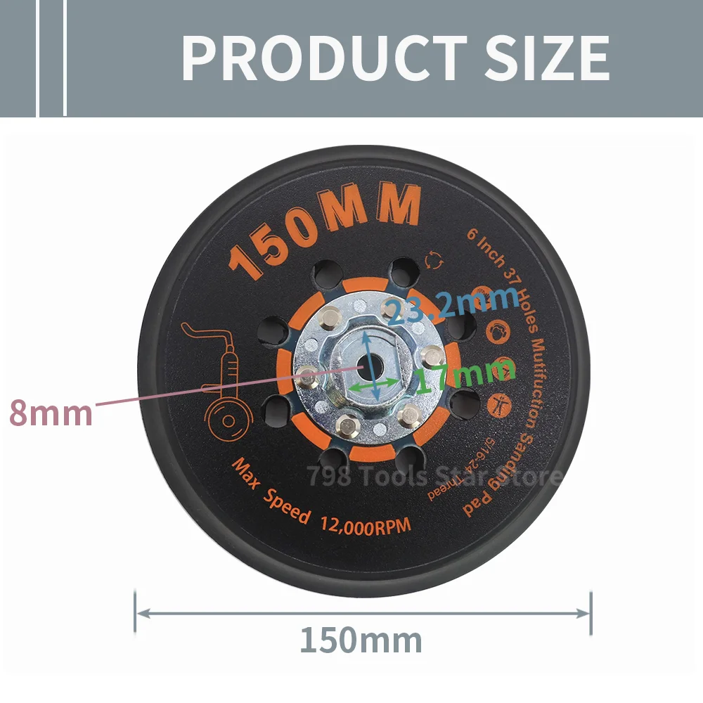 6 Inch 150mm 37 Holes Hook& Loop Backing Pad Disc,Sanding Plate for Random Orbital Sander 5/16-24 Thread 12000 RPM Car Polishing