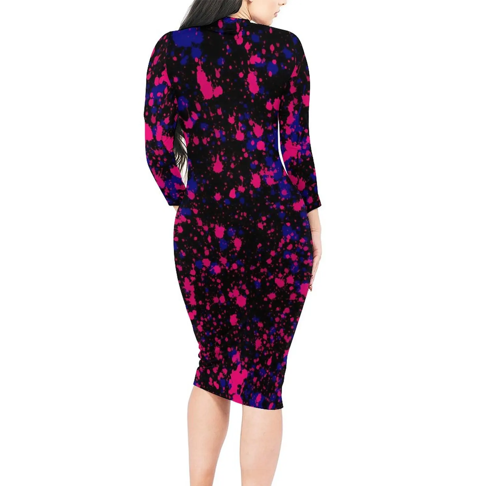 Paint Splatter Dress Women Purple and Pink Aesthetic Bodycon Dress Holiday Long Sleeve Club Dresses Graphic Big Size Vestido