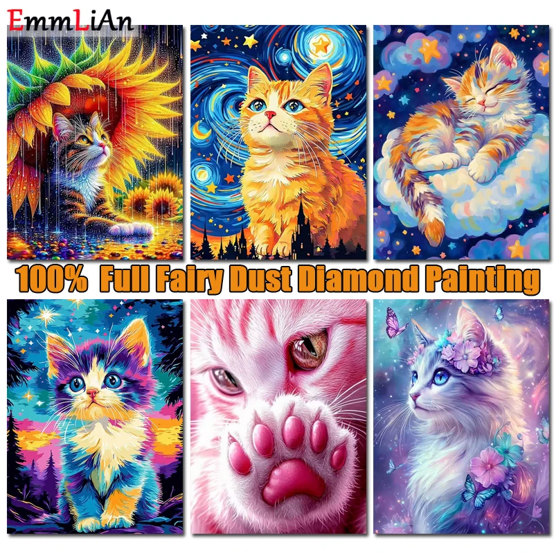 100% 5D Fairy Dust Diamond Painting Kit Cat AB Diamond Mosaic Art Sunflower Full Crystal Drill Embroidery Animal Home Decor Gift