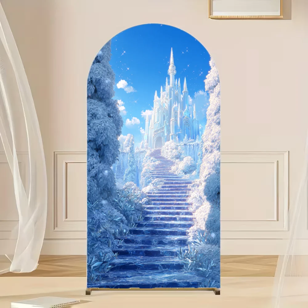 Double-sided Frozen Castle Snow Arch Backdrop Cover Winter Wonderland Kids Birthday Party Decor Background Cover Arched
