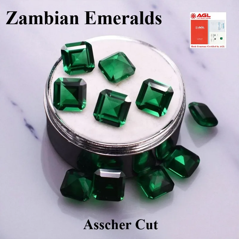 

Top-level Lab Grown Zambian Emeralds Asscher Cut Hydrothermal Hand Cutting with Cracks Inclusions Inside AGL Certificate