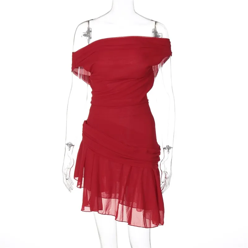 

Summer 2025 Pure Color Svel off oulder French Sle Women's Dr Chiffon Material Midi Skirt Ciwalk Suitable