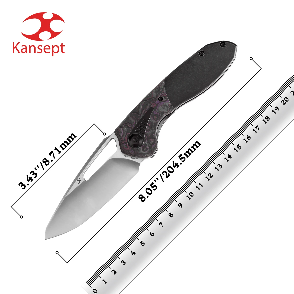 Kansept Thoth K1075T1 3.43‘’ Satin CPM 20CV & Blackwash Titanium + Purple Haze Carbon Fiber Sparrow Knife Designed Thumb Hole