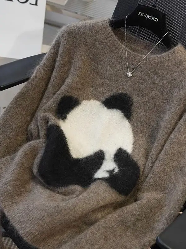 الكورية Sle المرأة محبوك سترة مطرزة الباندا الكرتون الخريف الشتاء Faionable عادية طويلة Sve جولة Ne الأعلى #2