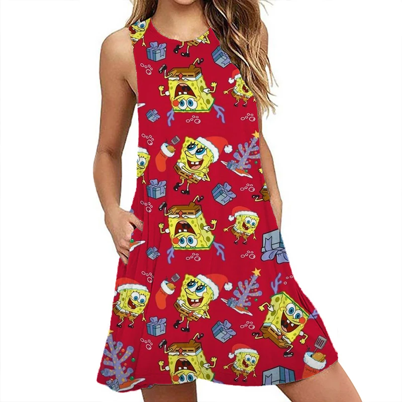 

2024 Summer New Sleeveless SpongeBob 3D Cartoon Print Dress Loose Comfortable Casual Dress Fashionable Women's Dress