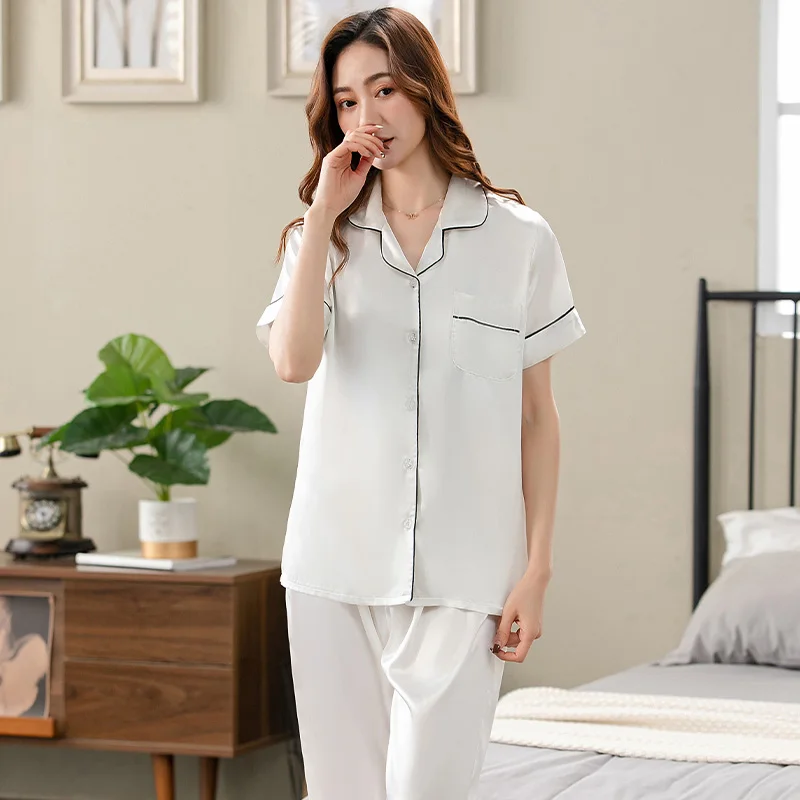 Womens Silk Imitation Pajamas Pyjamas Set Summer Short Sleeve Lapel Cardigan Sleepwear Big Yards Sexy Loungewear M L XL XXL 3XL