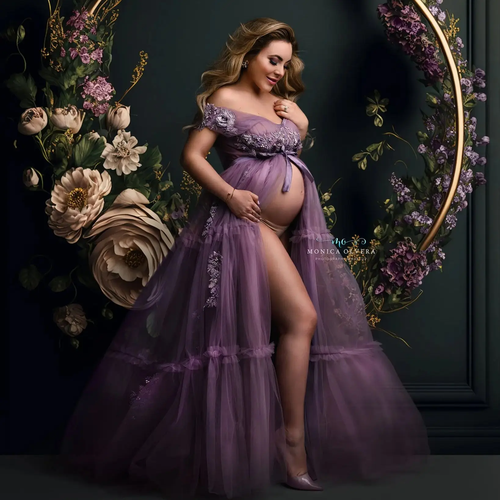 Romantic A Line Maternity Robes Charming Floral Appliques Pregnant Women Evening Gowns Ribbon Front Split Photoshoot Dresses