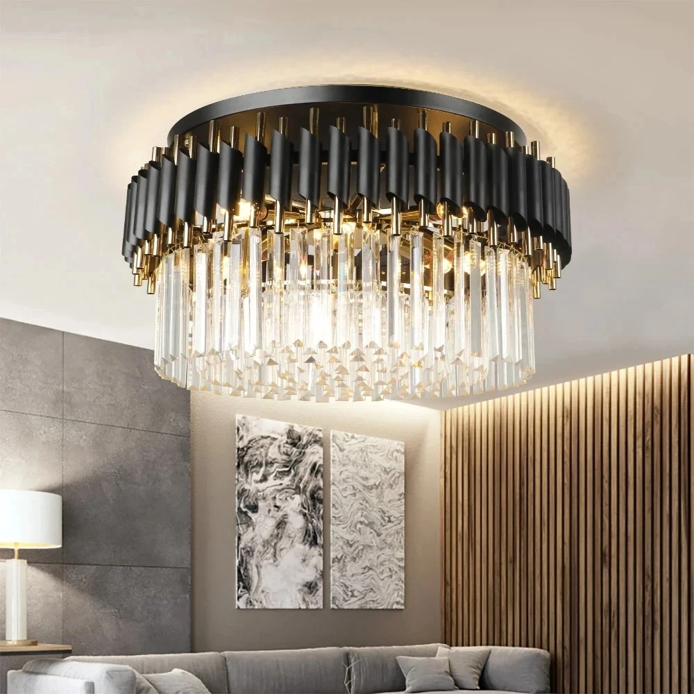 Modern LED Gold Black Crystal Ceiling Chandeliers For Living Study Room Round Kitchen Pendant Lamps