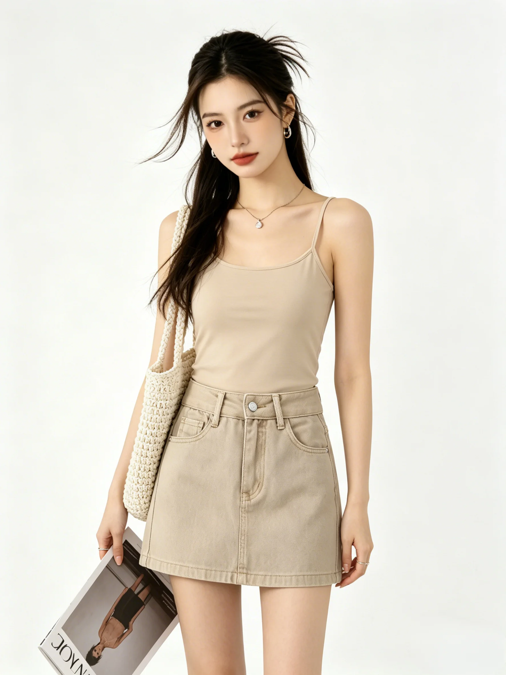Retro Khaki A-Line  Skirt Embroidery Design Commute Style Women's High Waist Slimming Summer Versatile Short Skirt