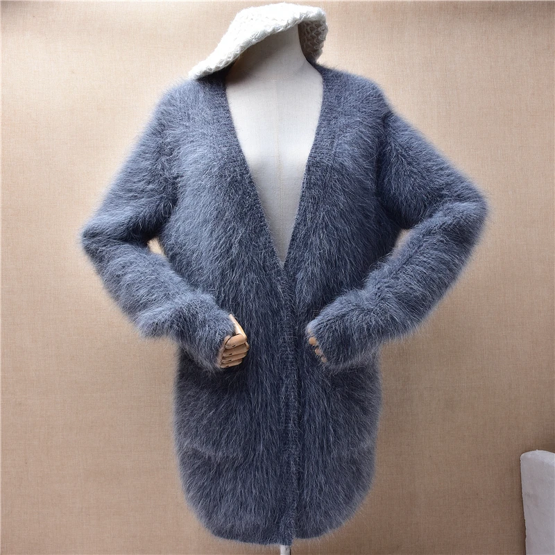 

Heavy Thick Women Mujer Autumn Winter Grey Hairy Mink Cashmere Knitted V-Neck Long Sleeves Loose Long Sweater Cardigans Jacket