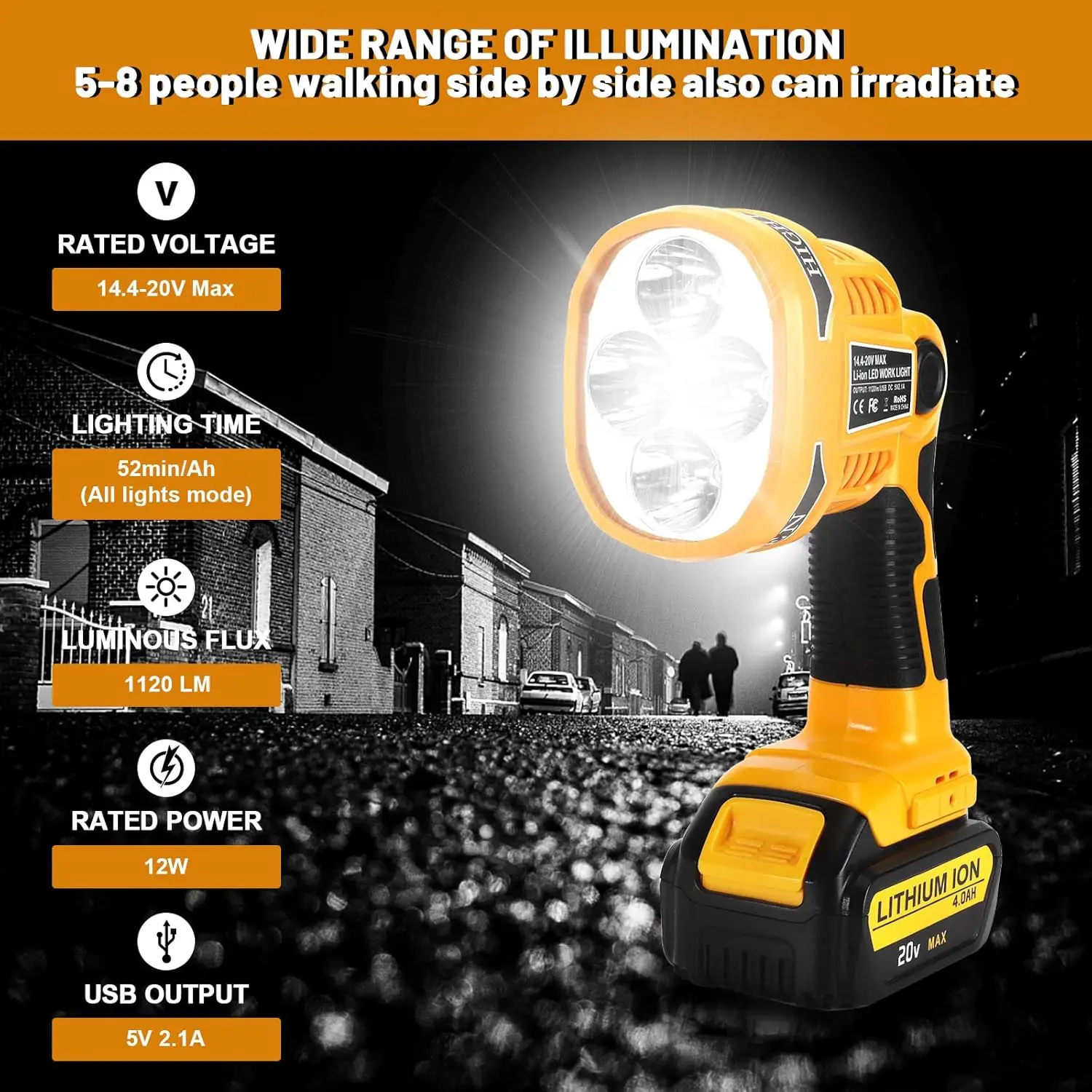 

Flashlight for Dewalt 20v Battery 12W 1120LM LED Work Light Portable Spotlight with USB Port Pivoting Head for Camping Garage