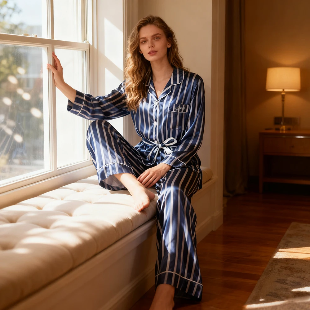 Women's Spring Pajama Set: 2-Piece Cozy Rayon Sleepwear | Belted Long Pants & Full Sleeve T-Shirt, Home Loungewear