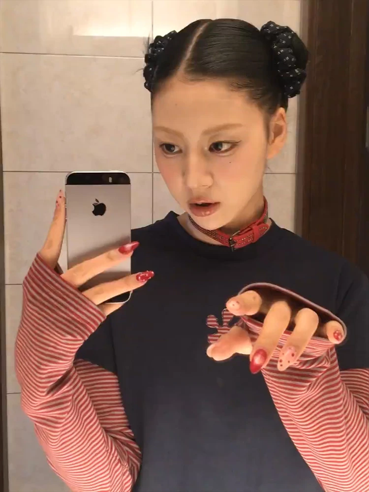 Tonngirls Harajuku Patchwork T-shirt Frauen Langarm Gestreiften Gefälschte Zwei Stücke Tops Streetwear Y2k Vintage Tops Japanische 2000er Jahre – Detail 9