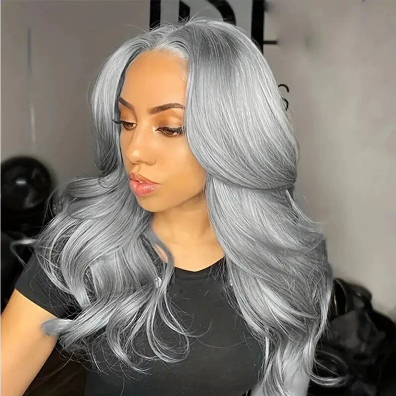 13x4 Gray Lace Front Wig Transparent Lace Frontal Wig Body Wave Brazilian Remy Silver Grey Colored Synthetic Hair Wigs On Sale