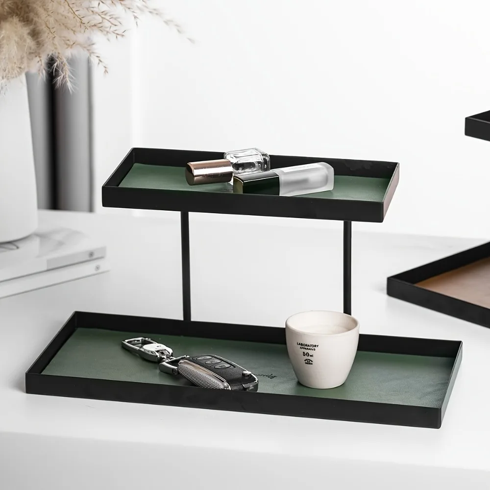 Nordic Style Square Double-layer Shelf Mat Imitation Leather Double-layer Bedroom Bathroom Shelf Rectangular Tray Storage Rack