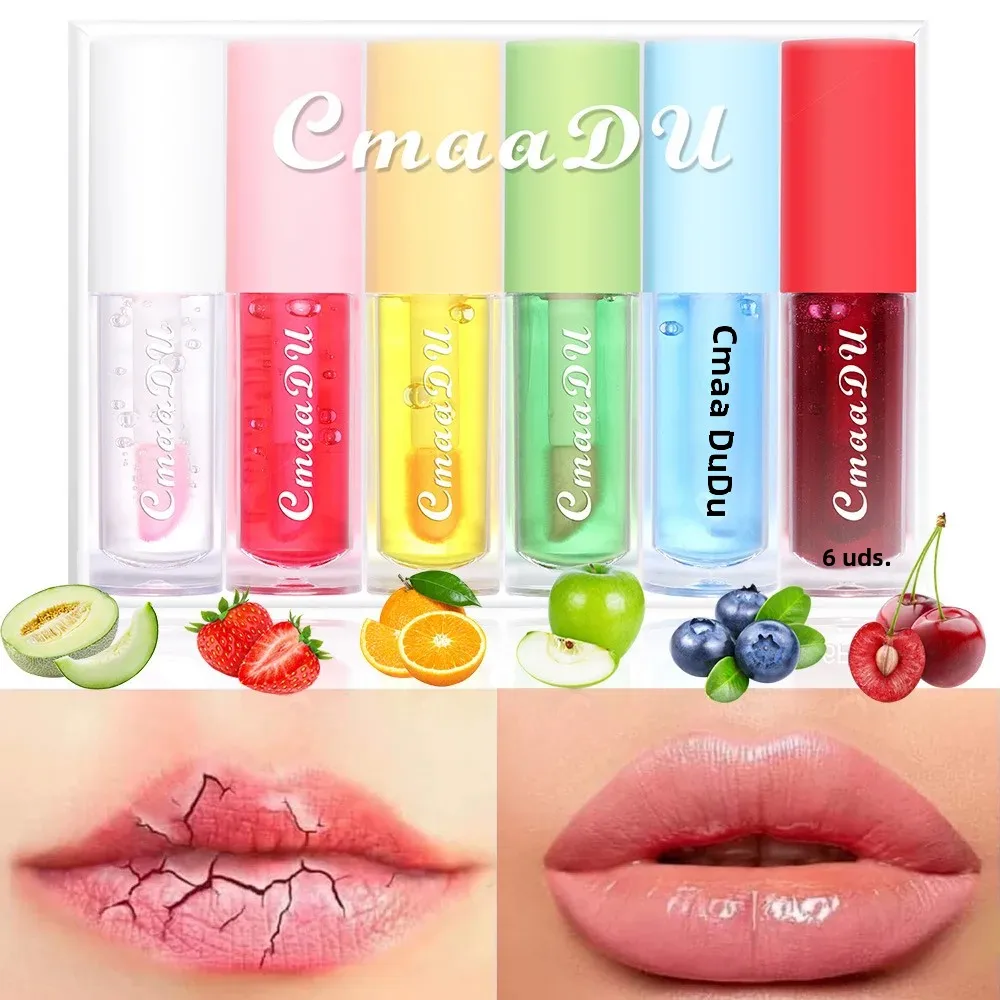 Juego de 6 uds de brillo de labios de frutas, nutre el Color, brillo de labios que repara la piel de los labios, aceite de labios hidratante, maquillaje, juego de esmalte de labios ﻿