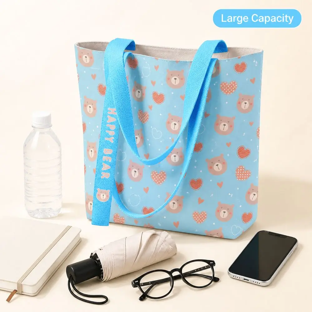 Cartoon Heart Bear Pattern Canvas Bag Large Capacity Reusable Shoulder Bag Lightweight Versatile Lunch Bag Women's Accessories