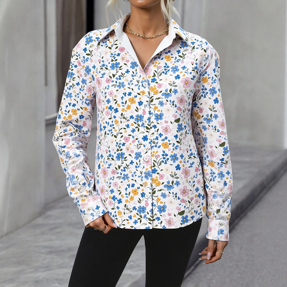 

Mia Muse Autumn Shirts 2025 Women's Casual Ditsy Floral Long Sleeve Shirt Collar Button Through Basics Shirts