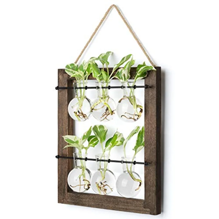Propagation Station Wall Hanging Glass Planter, Flower Bulb Vase Plant Terrarium with Retro Wooden Stand Double Layer for Hydro