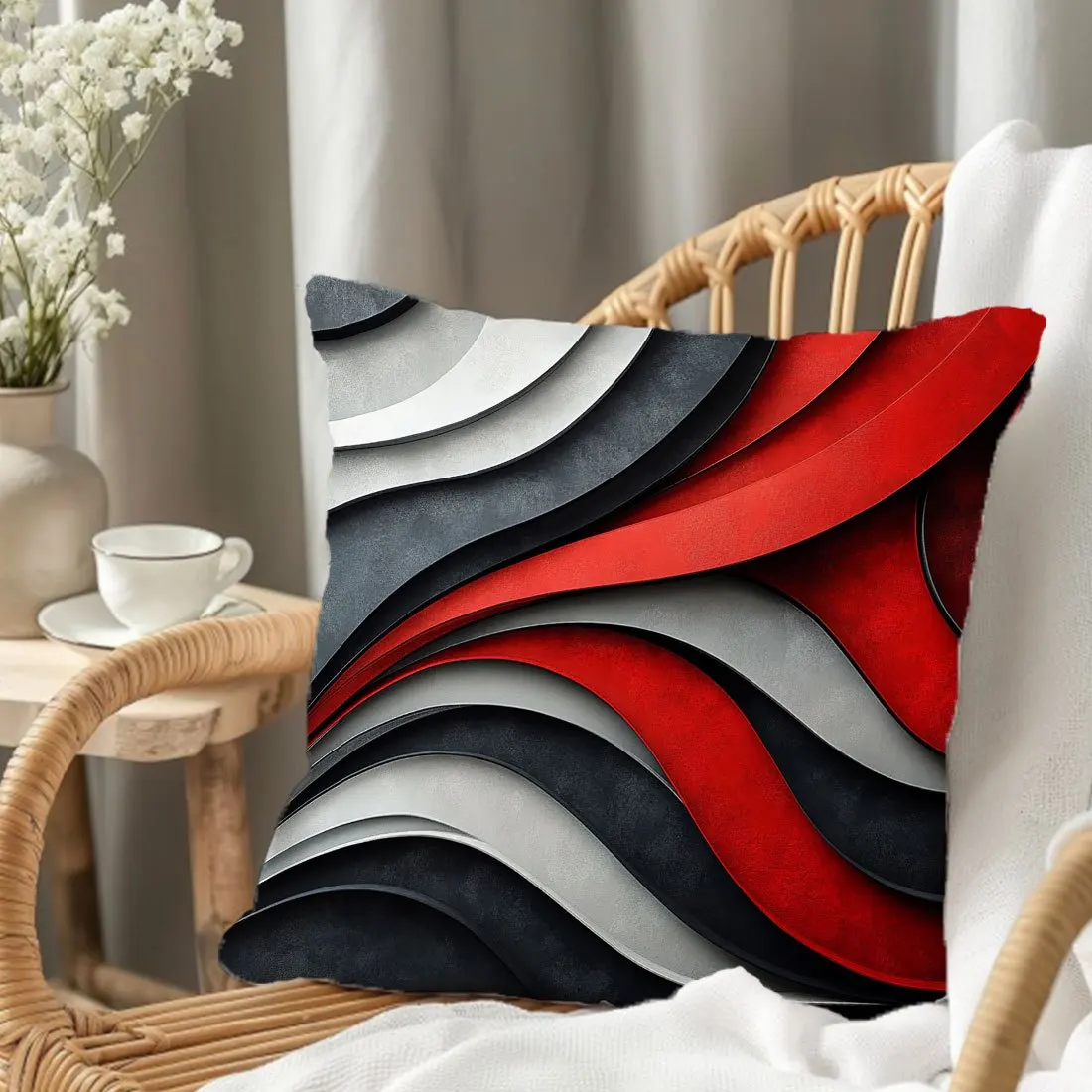 1pc Red Black Gray Wave Geometric Throw Pillow Cover,Suitable for Sofa,Bedroom,Living Room,a Unique Gift for Modern Style Lovers