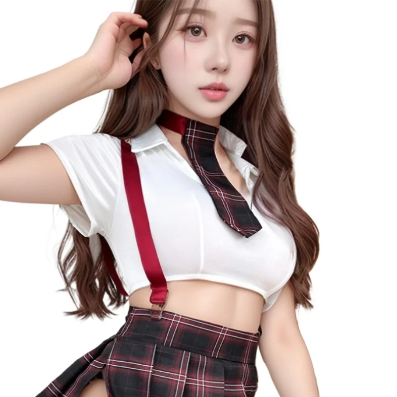 

Sexy Student Cosplay Uniform Temptation Short Sleeved Top Plaid Suspender Skirt Woman's Nightclub Playful Adult Roleplay Costume