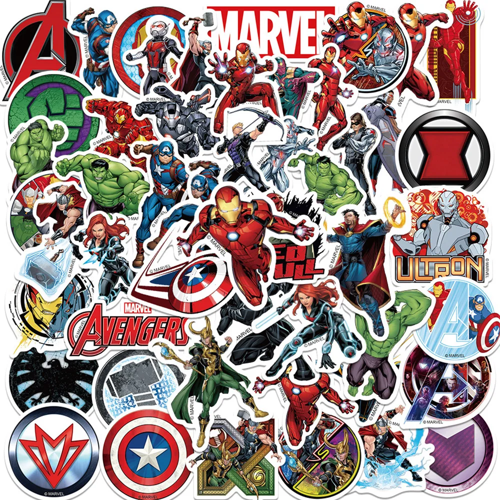 10/30/50 Uds. Pegatinas de dibujos animados de superhéroes de Marvel Los Vengadores, calcomanías de grafiti de Iron-Man y Hulk para maleta, casco, teléfono, pegatinas geniales