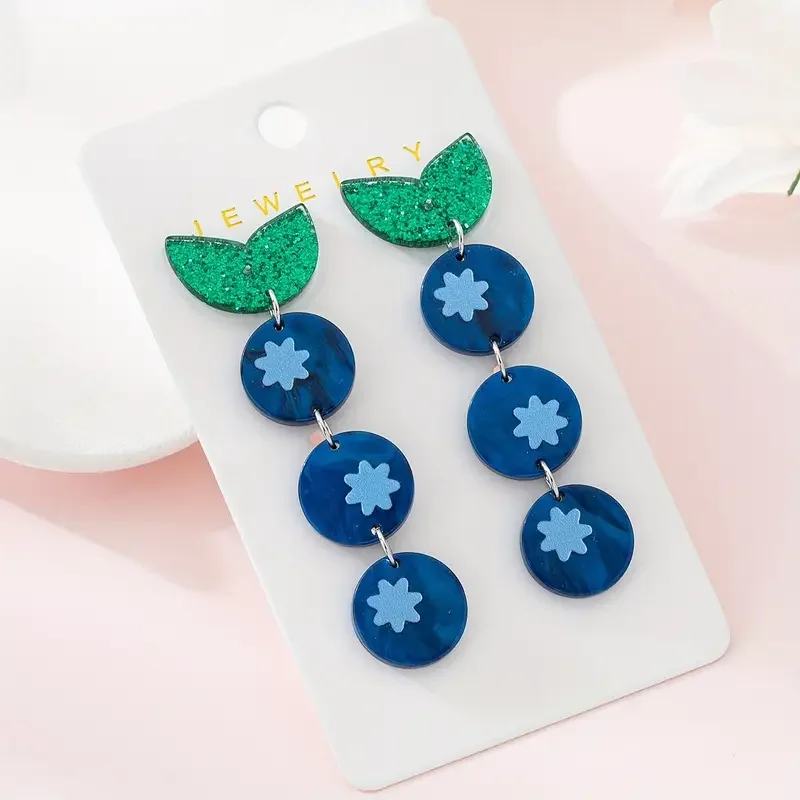 1 Pair Elegant Blueberry & Leaf Design Acrylic Drop Earrings for Women - Glittery Green & Blue, Alloy Posts, Perfect for Parties