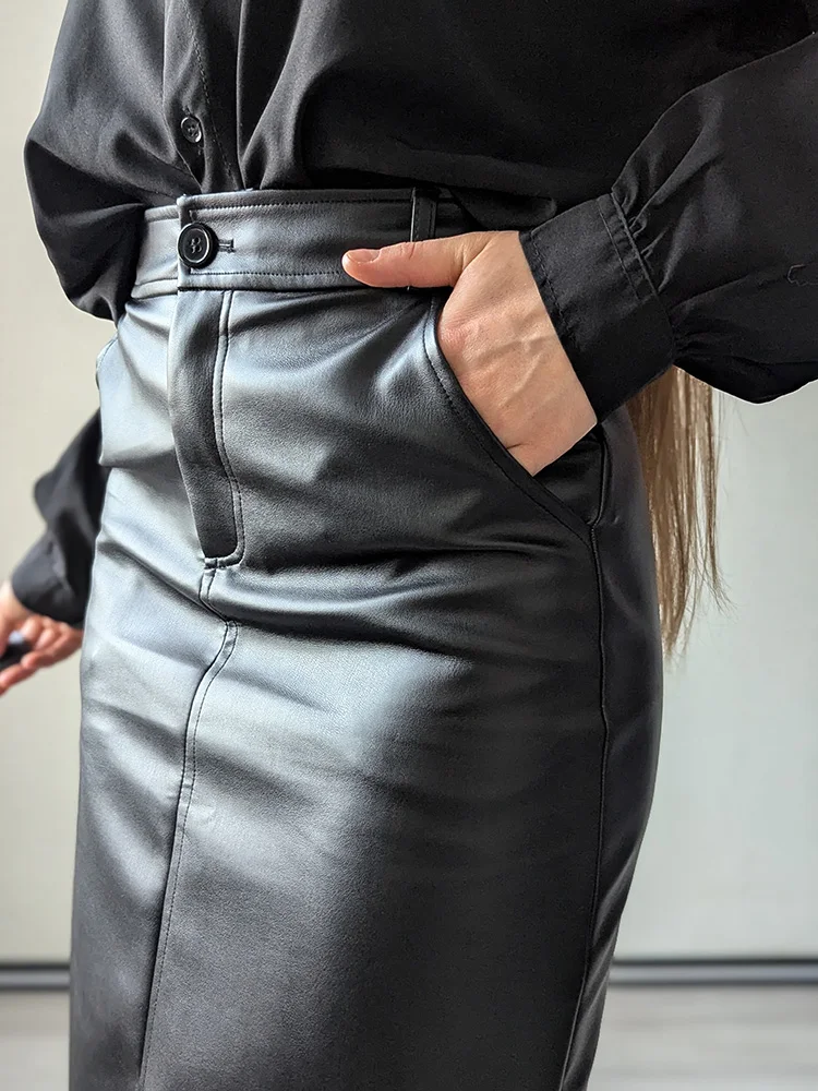 Long Leather Skirts For Women Brown High Quality PU Midi Bodycon Skirt Front Split High Waist Women's Leather Skirt Black Midi