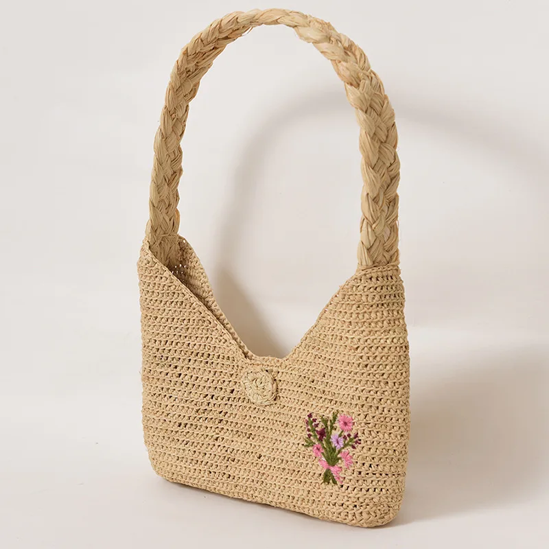 

Fashion Flower Embroidered Raffia Women Shoulder Bags Handmade Woven Straw Handbag Casual Summer Beach Bag Small Tote Bali Purse