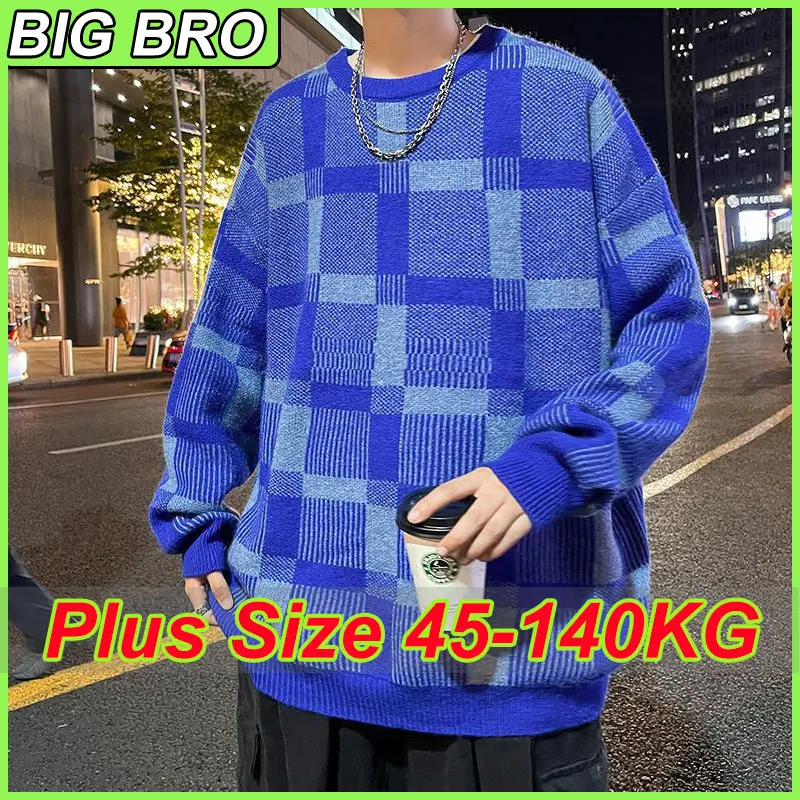 

Мужской свитер больших размеров 7XL, 6XL, 5XL, модный клетчатый синий пуловер с круглым вырезом, свободный свитер в стиле ретро, осенне-зимняя мужская одежда