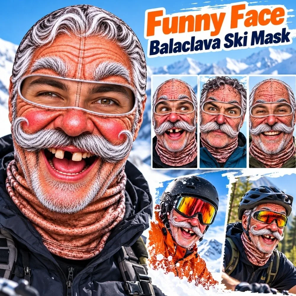 3D Face Printed Old Man Balaclava Face Mask Full Coverage White Mustache Funny Ski Mask Stretch Breathable Eye Hole