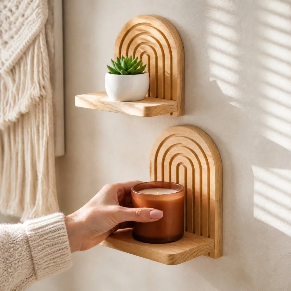 Threaded Structure Wall Plant Holder Multi Tier Handmade Wooden Wall Shelf Natural Wood Grain Solid Wood