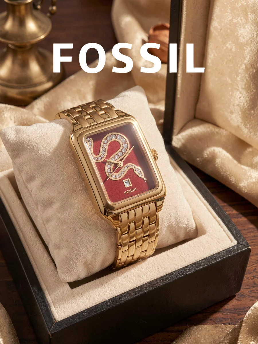 Fossil Women’s Raquel Analog Watch, Gold Tone Stainless Steel Bracelet Red Rectangular Dial ES5379