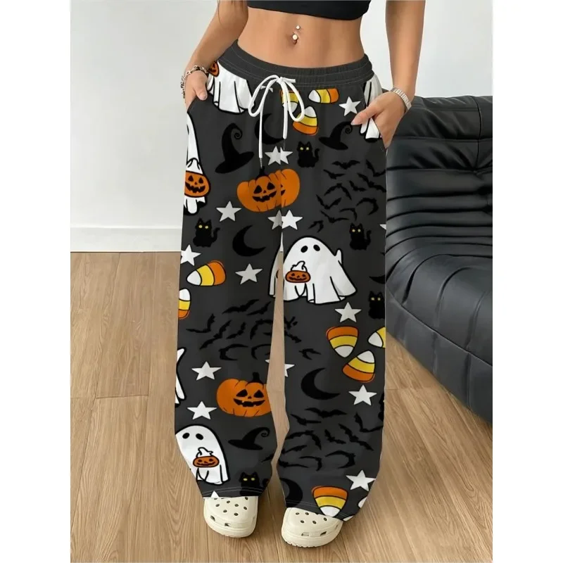 Cartoon Halloween Women's Wide Leg Casual Pants Ghost Pumpkin Candy Corn Black Cat Bat Star Moon Full Print Home Pants