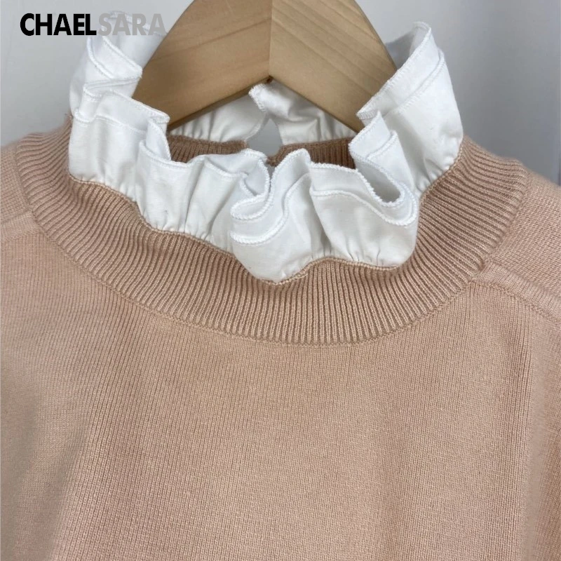 2024 New Women\'s Elegant Embroidery Knitted Sweater Ruffled Collar Long Sleeve Female Knit Pullover Top