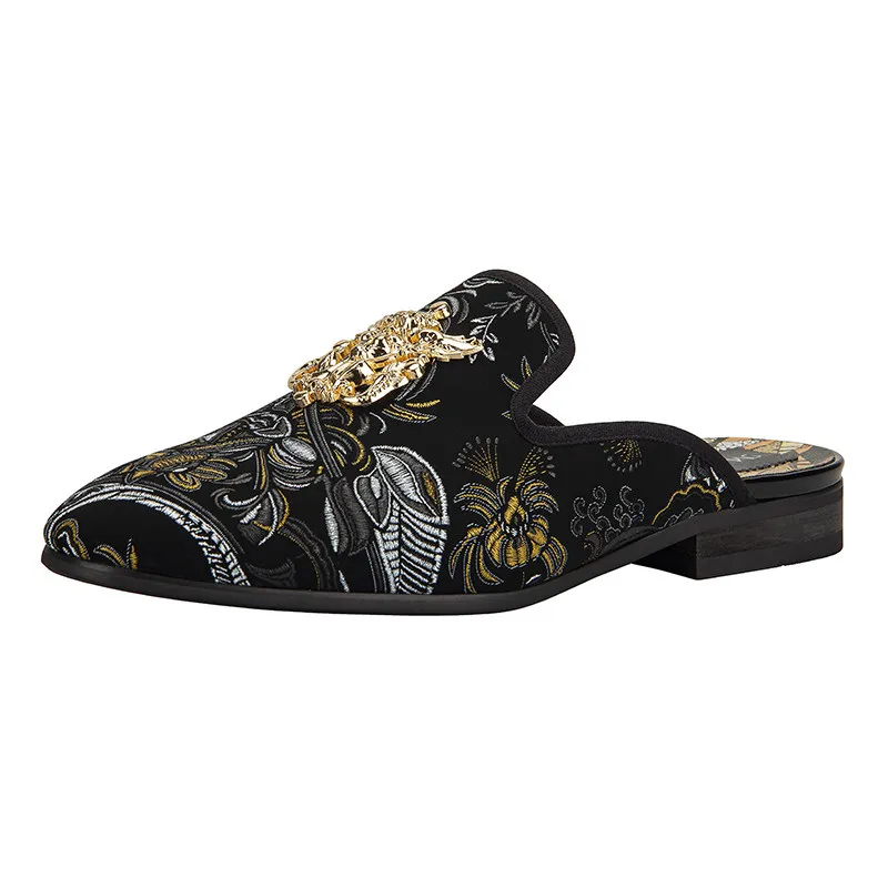 Luxury Men's Black Baroque Embroidery Mules Backless Loafers with Gold Rhinestone Decor Slip-On Party Dress Slippers