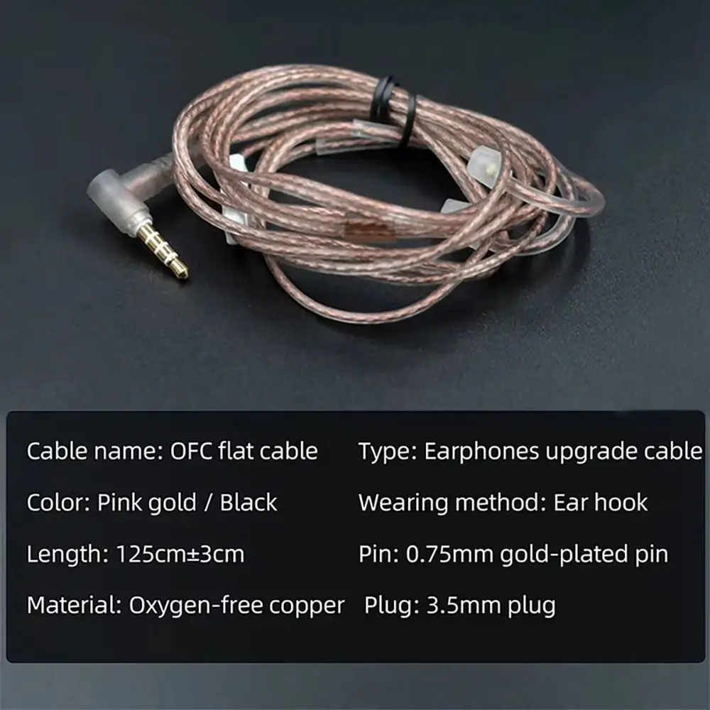 Oxygen-Free Copper Twisted Earphone Cable 125cm High-Purity Copper 2Pin Earphone Cable Ear-Winding Design Transparent Black