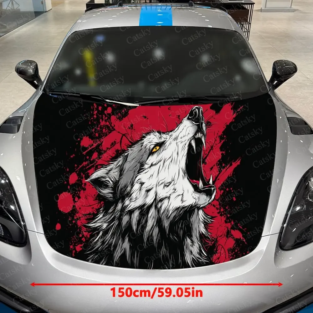 Scarlet Realm Roaring Wolf Car Vinyl Wrap, PVC Waterproof Car Hood Sticker, Self-Adhesive Scratch-Resistant Stickers