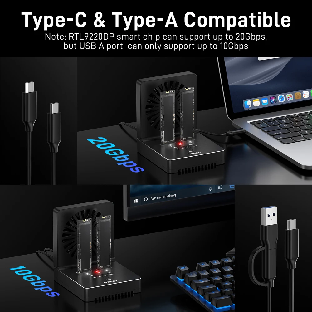 FIDECO M.2 NVMe SATA SSD Cloner Dock Dual-Bay 20Gbps SSD Enclosure with Foldable Cooling Fan Supports Offline Clone for M.2 Case view 3
