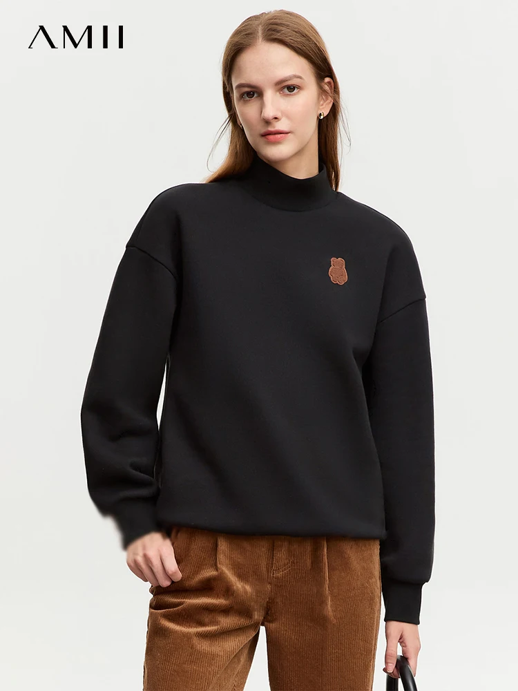 Felpe con cappuccio invernali sportive minimaliste AMII per le donne 2023 nuova camicia con fondo allentato ricamo orso Pullover accogliente in pile