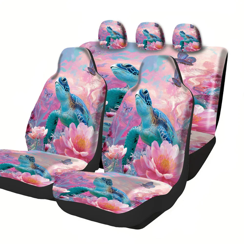 2-5 Seat Set Car Seat Covers Festive Turtle Flower Print Fit For Car Truck SUV Off-road Halloween Christmas New Year Easter Sea