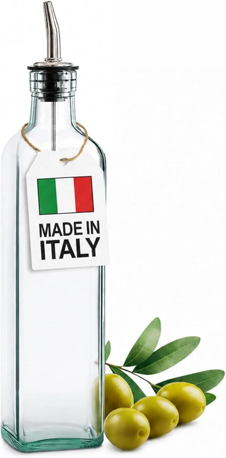 Botella Dispensadora de Aceite de Oliva - 16 oz, Hecha en Italia, Botella de Vidrio para Aceite de Oliva y Vinagre con Boquilla de Acero Inoxidable para Cocina, Slig