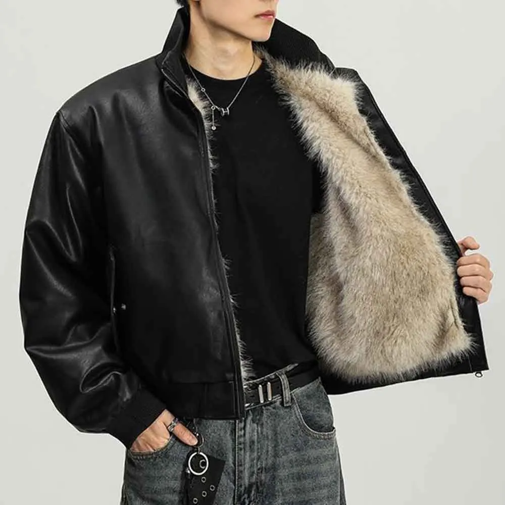 

Зимняя мужская однотонная куртка из искусственной кожи с длинными рукавами, американский ретро-модный модный свободный повседневный нишевый мужской топ