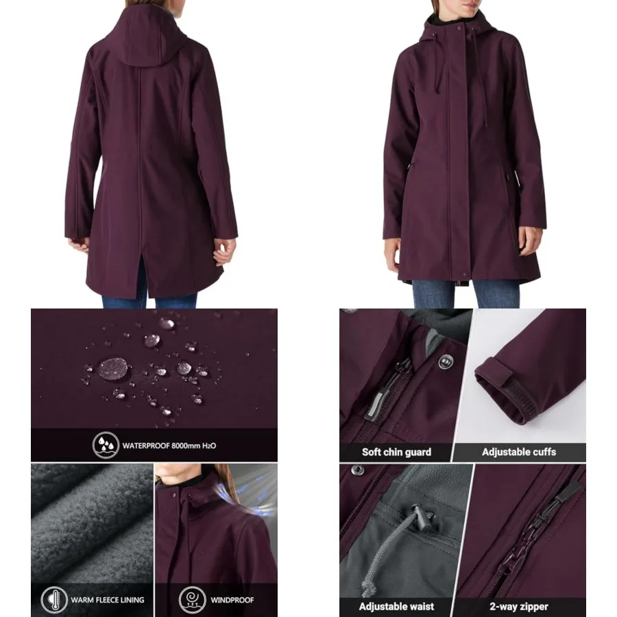 Women's Lightweight Waterproof Fleece Lined Hooded Softshell Rain Jacket, Warm Windbreaker Long Coat