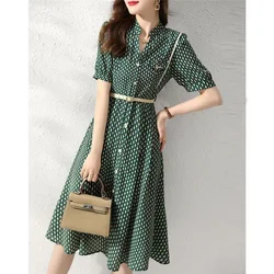 Estate moda coreana elegante semplice stampa cintura manica corta tunica bottone camicia abiti per le donne Casual Slim Midi Dress Vestido