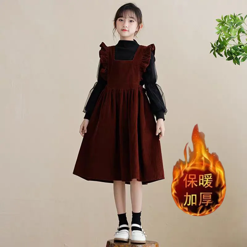 2026 winter autumn Girls set Cloth black lace Velvet t-shirt teenager +sundress Strapless Dress corduroy 4 5 7 10 12 14 new year