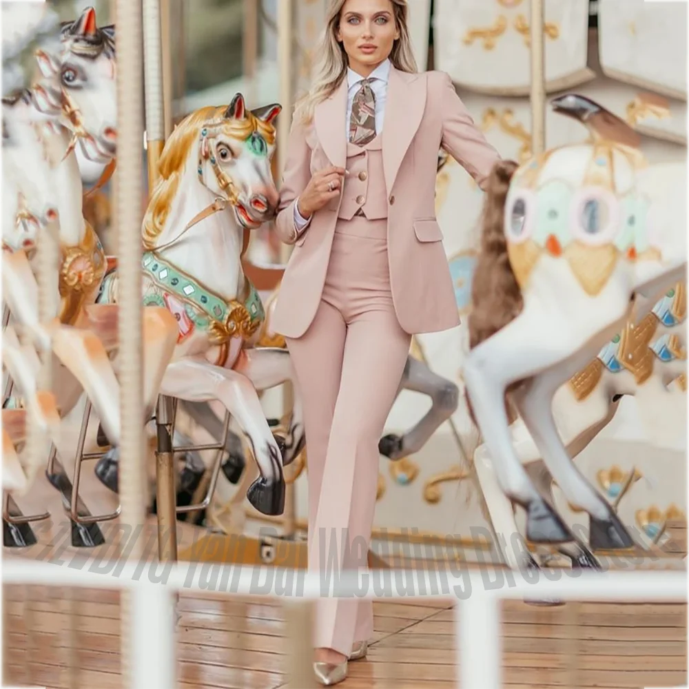 Elegant Pink Women's Suit 3 Piece Wide Peak Lapel Slim Fit Blazer Vest Pants High Quality Business Casual Formal Office Outfit